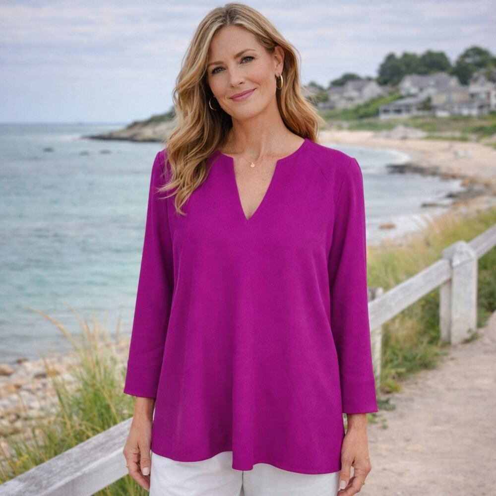 Trina Turk Magenta Long Sleeve Split V Pop Over Top 14